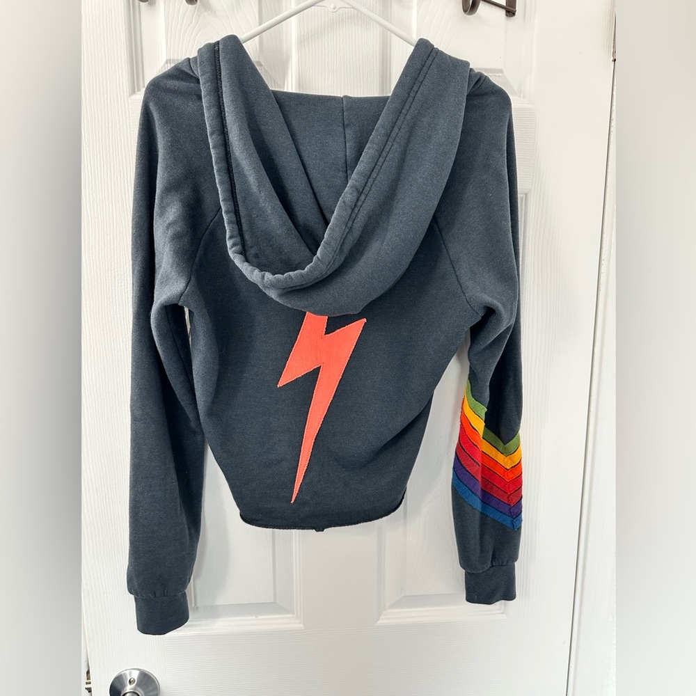 Aviator Nation Bolt Stitch Chevron6 Split Neck- Raglan Pullover Crop Hoodie Blue - Picture 3 of 8